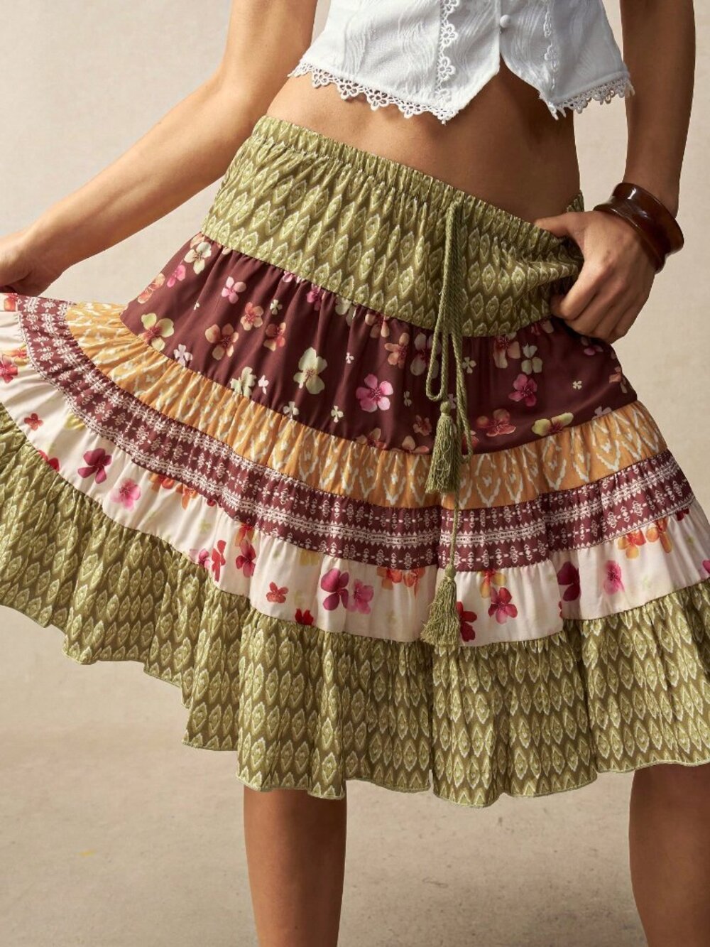 Multicolor Boho Women's Floral Low Waist A-Line Tiered Midi Skirt